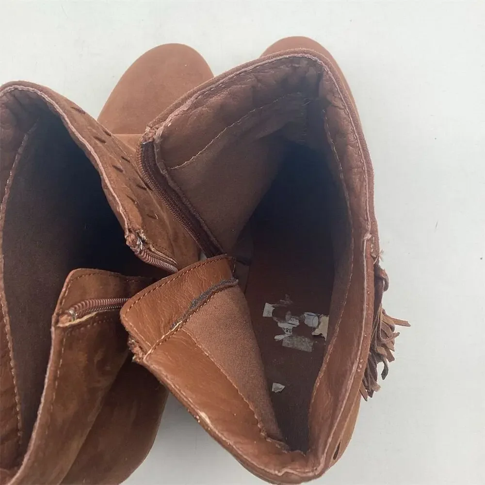 Women's Brown Suede‎ Fringe Wedge Booties Size 11